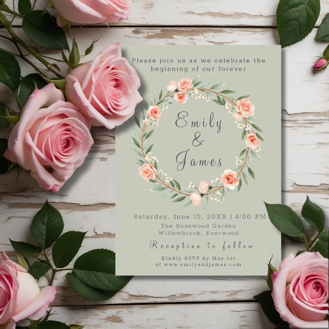 Invitation Mariage de couronne rose vert, romantique (Créateur téléchargé)