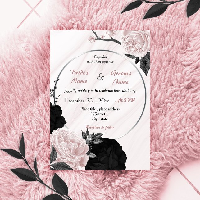 Invitation mariage de couronnes à fleurs rose et noir (Créateur téléchargé)