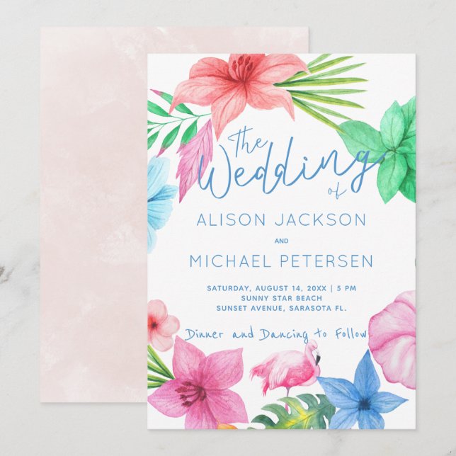 Invitation Mariage de couronnes à fleurs tropicales rose (Devant / Derrière)