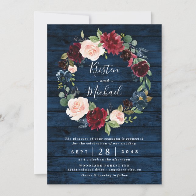 Invitation Mariage de couronnes bleu marine bleu bordeaux ble (Devant)