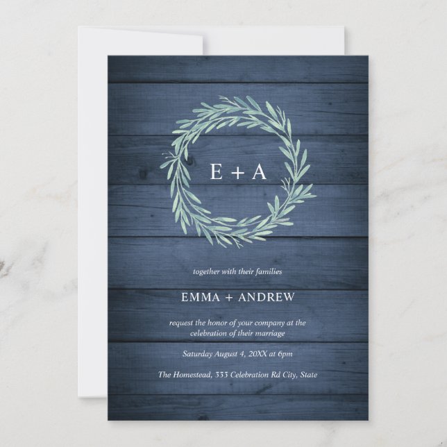 Invitation Mariage de couronnes bleu marine en bois rustique (Devant)