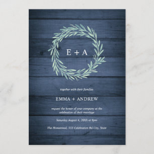 Invitation Mariage de couronnes bleu marine en bois rustique