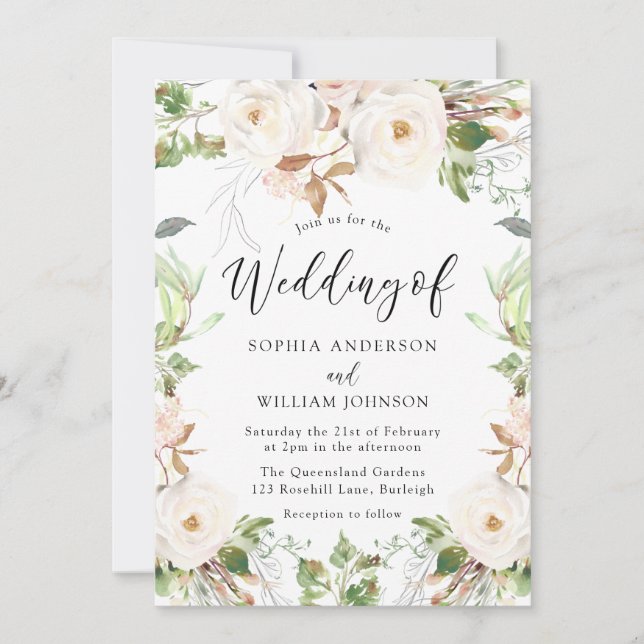 Invitation Mariage de couronnes florales blanc et blanc (Devant)
