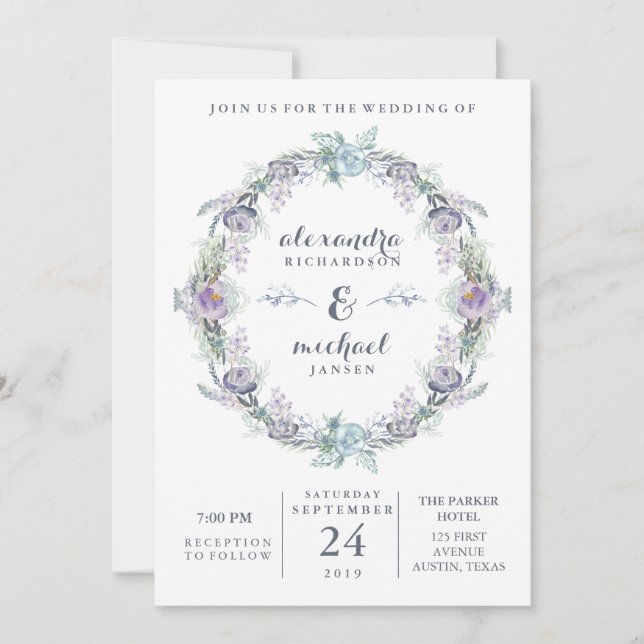 Invitation Mariage de couronnes florales bleues et violettes (Devant)