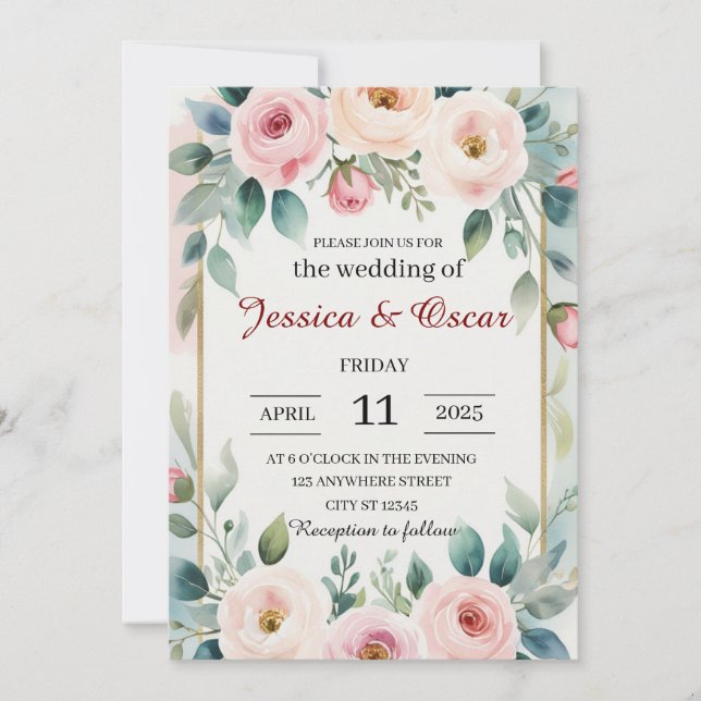 Invitation Mariage de couronnes florales d'aquarelle romantiq (Devant)