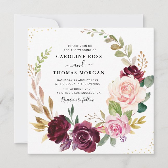 Invitation mariage de couronnes florales de prune et de pêche (Devant)