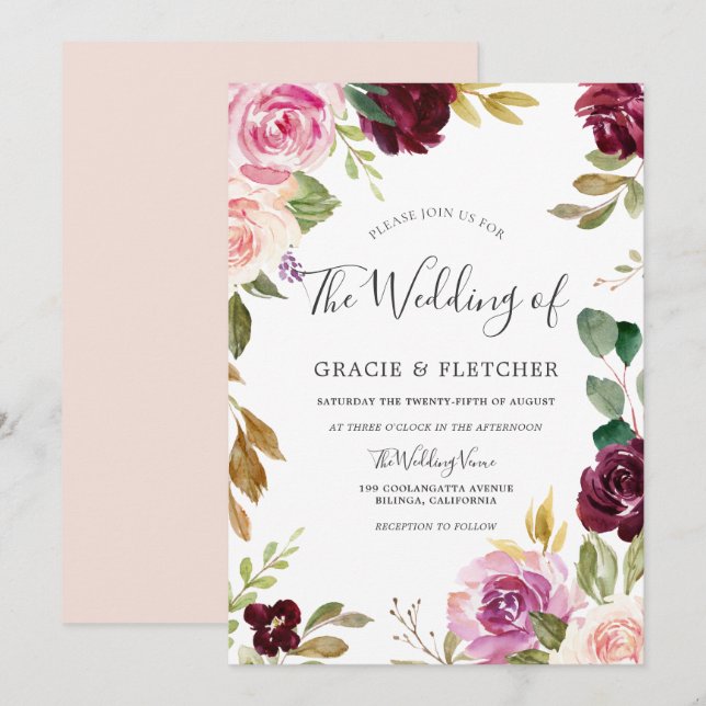 Invitation Mariage de couronnes florales rose pâle Bourgogne (Devant / Derrière)