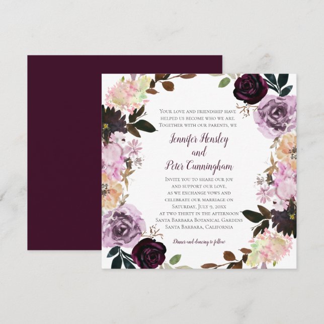Invitation Mariage de couronnes florales violet rose (Devant / Derrière)