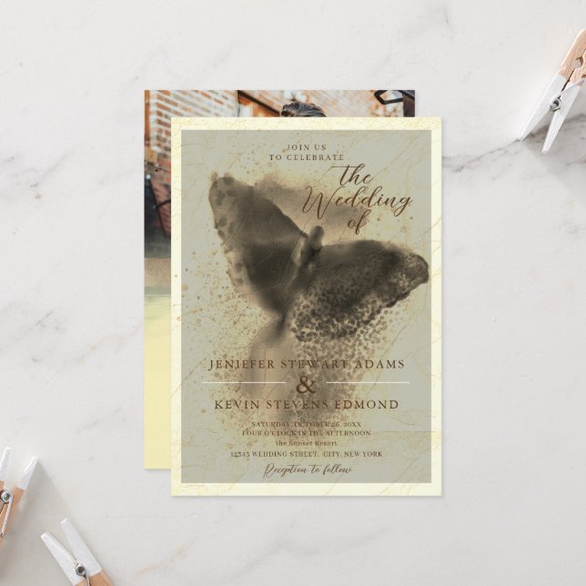 Invitation Mariage de couverture photo Papillon doré de luxe (Devant/Arrière en situation)