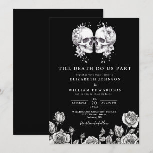Invitation Mariage de crânes floraux gothiques noirs et blanc