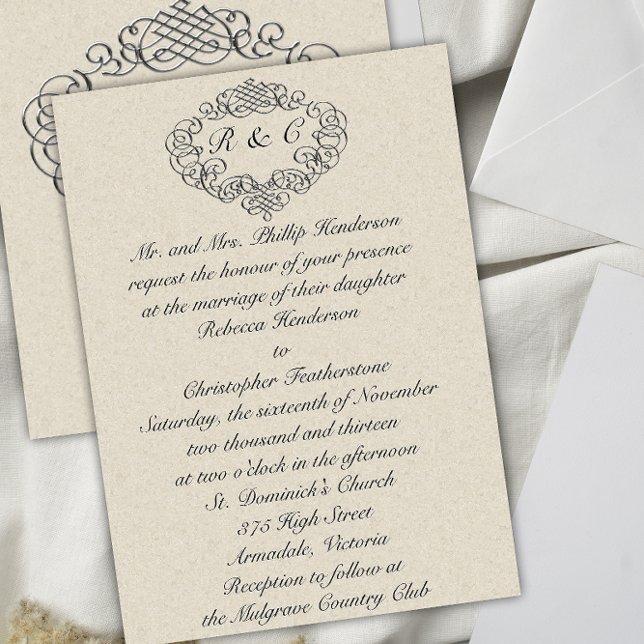 Invitation Mariage de crème Monogramme Argent (Créateur téléchargé)