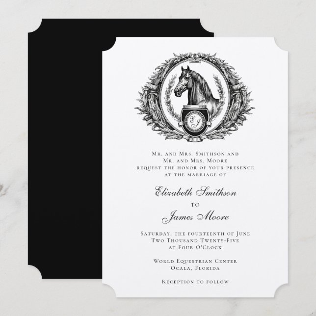 Invitation Mariage de crête de Monogramme du cheval équestre (Devant / Derrière)