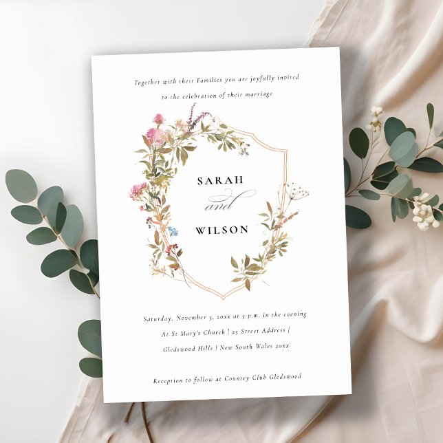 Invitation Mariage de crête Fleur sauvage rose rose chic (Créateur téléchargé)