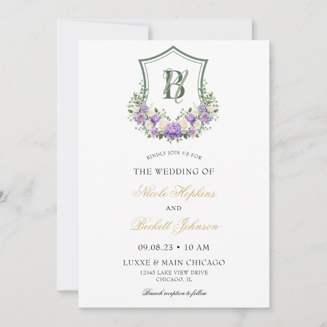 Invitation Mariage de crête florale blanche violette (Devant)