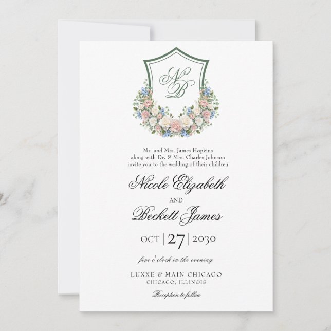 Invitation Mariage de crête florale bleu poussiéreux (Devant)
