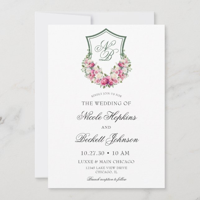 Invitation Mariage de crête florale rose (Devant)