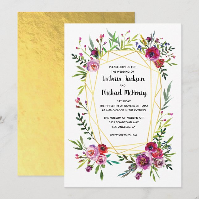 Invitation Mariage de cristal géométrique Floral Gold (Devant / Derrière)