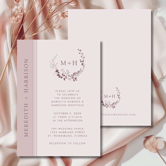 Invitation Mariage de  de couronne de monogramme rose Gold Bl (Rose Gold Blush Monogram Wreath Wedding Invitation)
