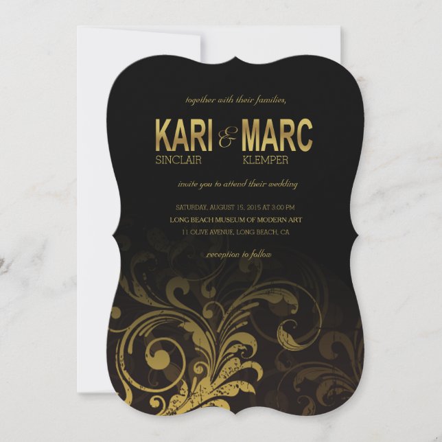 Invitation Mariage de défilement florissant| noir et or (Devant)