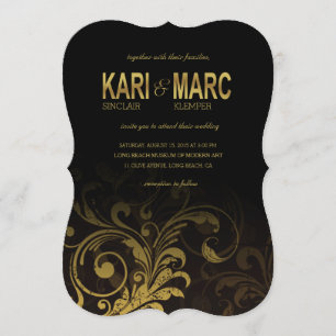 Invitation Mariage de défilement florissant noir et or