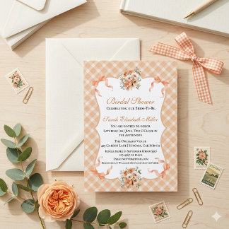 Invitation Mariage de dentelle à carreaux gingham rose pêche