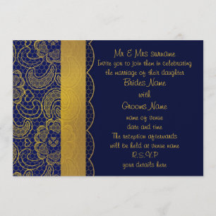 Invitation Mariage de dentelle bleu et or de la Marine
