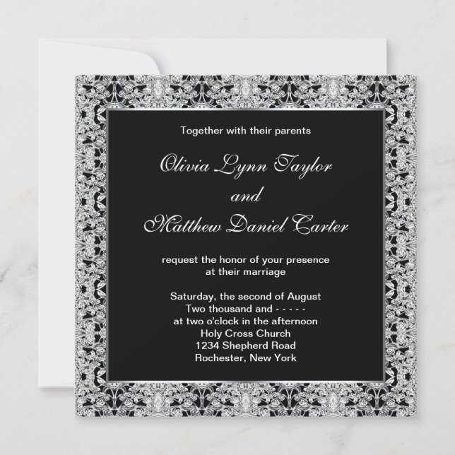 Invitation Mariage de dentelle d'argent blanc noir (Devant)