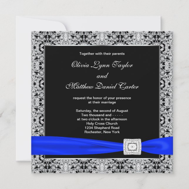 Invitation Mariage de dentelle d'argent noir Royal Blue (Devant)