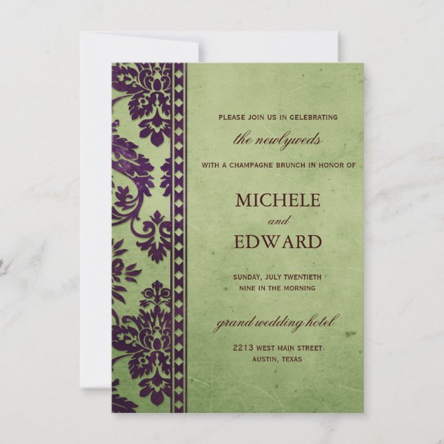 Invitation Mariage de dentelle d'aubergine et d'olive Damas B (Devant)