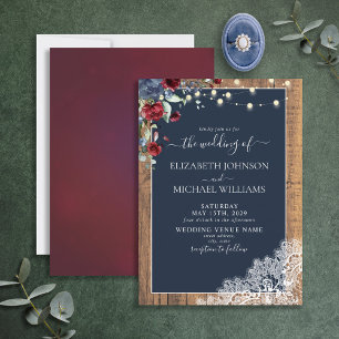 Invitation Mariage de dentelle en bois bleu Bourgogne