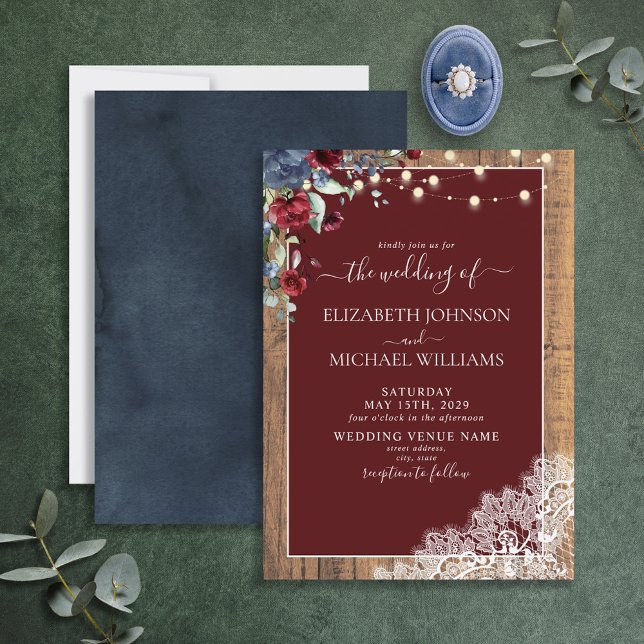Invitation Mariage de dentelle en bois bleu Bourgogne (Créateur téléchargé)
