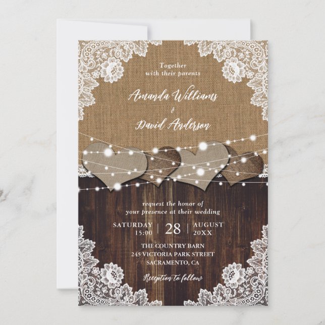 Invitation Mariage de dentelle en bois rustique (Devant)