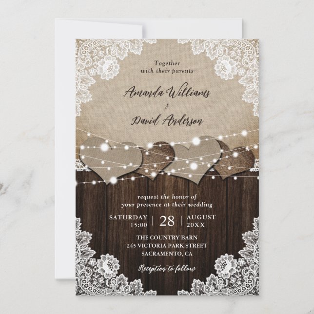 Invitation Mariage de dentelle en bois rustique (Devant)