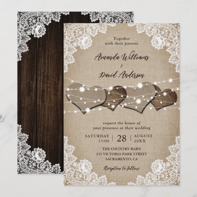 Invitation Mariage de dentelle en bois rustique (Devant / Derrière)