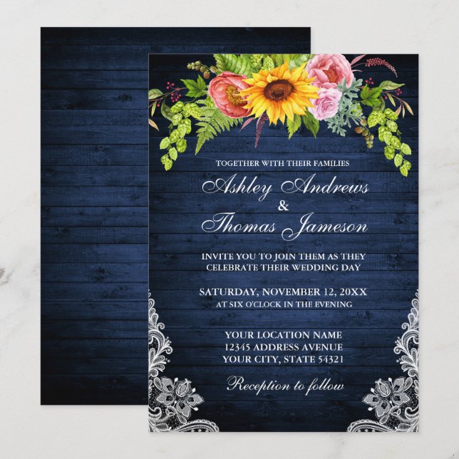 Invitation Mariage de dentelle fleurie en bois bleu rustique (Devant / Derrière)