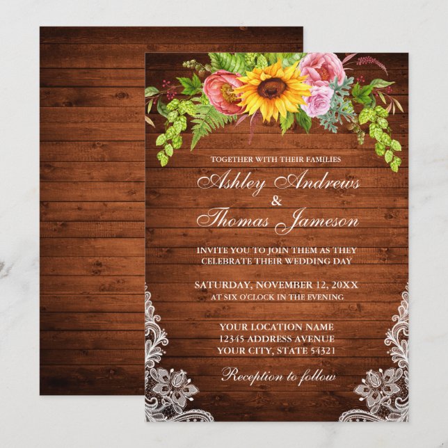 Invitation Mariage de dentelle fleurie en bois rustique (Devant / Derrière)