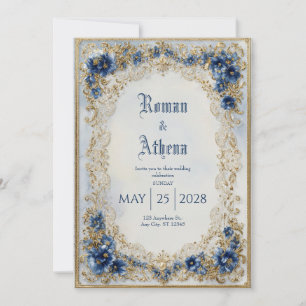 Invitation Mariage de dentelle Floral Bleu et Or