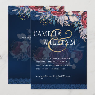 Invitation Mariage de dentelle florale bleu Bourgogne intempo