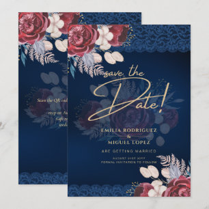 Invitation Mariage de dentelle florale bleu Bourgogne moderne
