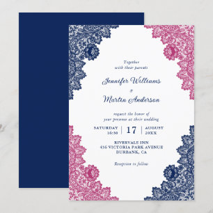 Invitation Mariage de dentelle florale bleu marine et rose ru