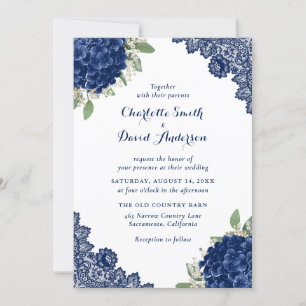 Invitation Mariage de dentelle florale de la Marine Blue Hydr