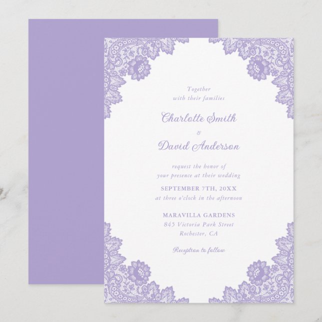 Invitation Mariage de dentelle florale de lavande (Devant / Derrière)