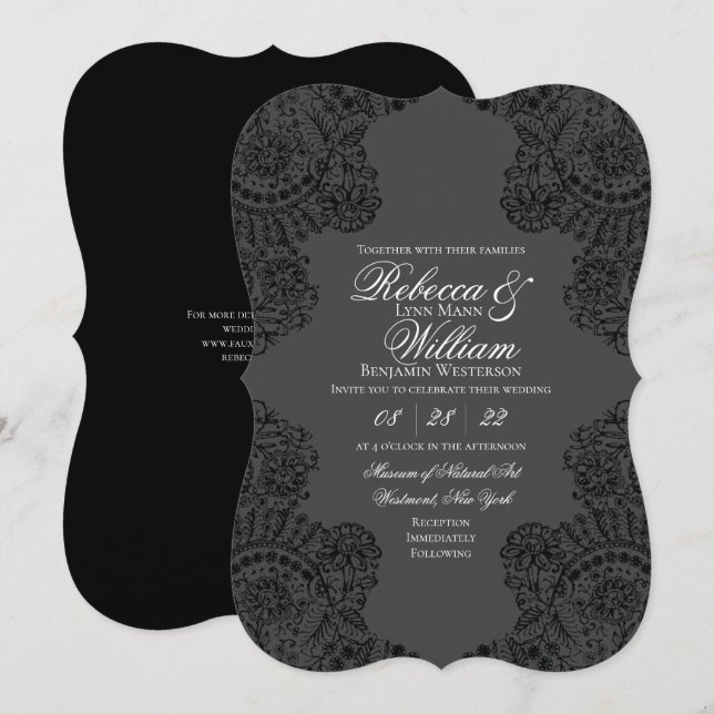 Invitation Mariage de dentelle gothique noir (Devant / Derrière)
