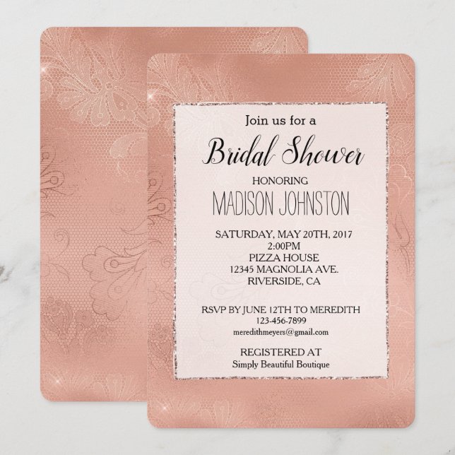 Invitation Mariage de dentelle rose Glam (Devant / Derrière)