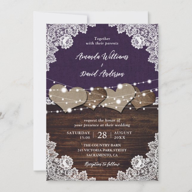 Invitation Mariage de dentelle Russe violet en bois (Devant)