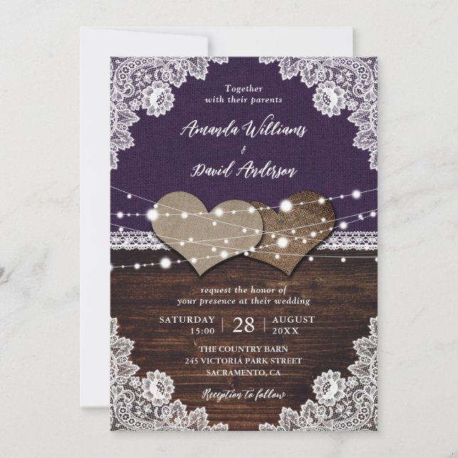 Invitation Mariage de dentelle Russe violet en bois (Devant)