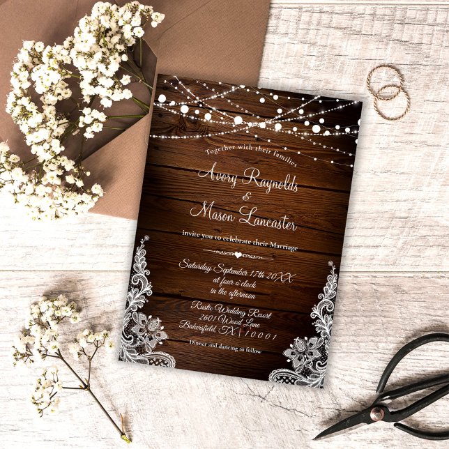 Invitation Mariage de dentelle rustique en bois et cordes (Créateur téléchargé)