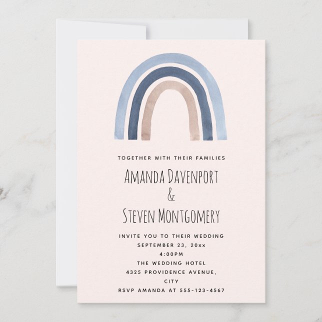 Invitation Mariage de design Boho bleu et arc-en-ciel (Devant)
