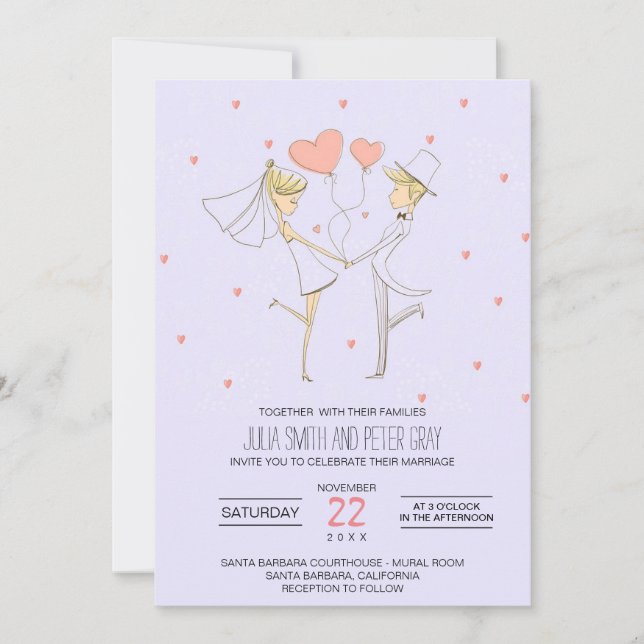 Invitation Mariage de dessin animé Hearve Love Bride et Groom (Devant)