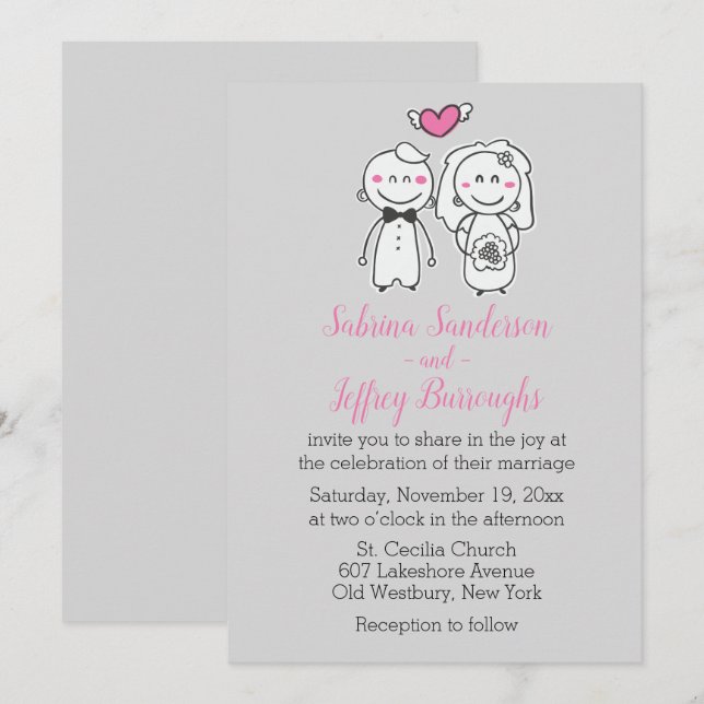 Invitation Mariage De Dessin Rose Et Gris Mariée Et Pièce De  (Devant / Derrière)